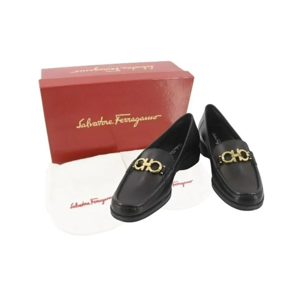 Salvatore Ferragamo Black Leather Loafers with Gold Gancini Hardware